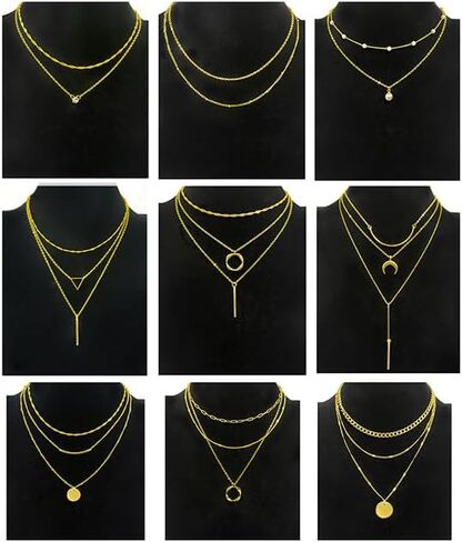 9Pcs 18K Gold Plated Layered Necklaces for Women Simple Paperclip Cuban Chain Pendant Necklace Multilayer Satellite Pearl CZ Coin Moon Triangle Bar Choker Necklace Set Gifts Gold Silver Tone in Saudi Arabia