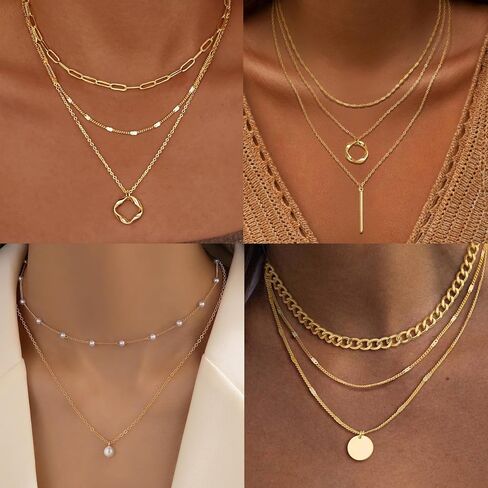 9Pcs 18K Gold Plated Layered Necklaces for Women Simple Paperclip Cuban Chain Pendant Necklace Multilayer Satellite Pearl CZ Coin Moon Triangle Bar Choker Necklace Set Gifts Gold Silver Tone in Saudi Arabia