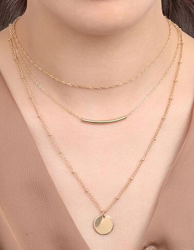 9Pcs 18K Gold Plated Layered Necklaces for Women Simple Paperclip Cuban Chain Pendant Necklace Multilayer Satellite Pearl CZ Coin Moon Triangle Bar Choker Necklace Set Gifts Gold Silver Tone in Saudi Arabia