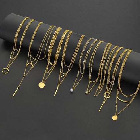 9Pcs 18K Gold Plated Layered Necklaces for Women Simple Paperclip Cuban Chain Pendant Necklace Multilayer Satellite Pearl CZ Coin Moon Triangle Bar Choker Necklace Set Gifts Gold Silver Tone in Saudi Arabia