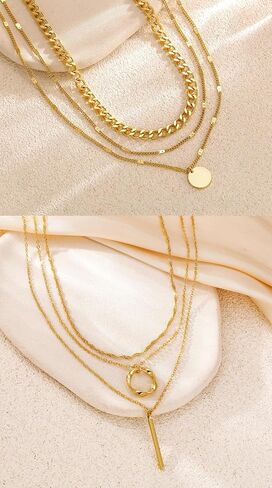 9Pcs 18K Gold Plated Layered Necklaces for Women Simple Paperclip Cuban Chain Pendant Necklace Multilayer Satellite Pearl CZ Coin Moon Triangle Bar Choker Necklace Set Gifts Gold Silver Tone in Saudi Arabia