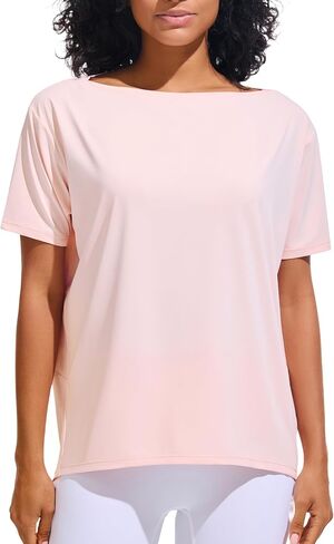 JOYSPELS Ice Silk Women's Short Sleeve Workout Shirts Quick Dry Boat Neck Loose Fit Athletic Running Tee Tops in Kuwait