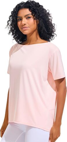 JOYSPELS Ice Silk Women's Short Sleeve Workout Shirts Quick Dry Boat Neck Loose Fit Athletic Running Tee Tops in Kuwait