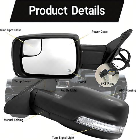 مرآة جانبية للركاب اليمنى متوافقة مع دودج رام 1500 2019-2024 مع الطاقة والزجاج المسخن ، انعطف ضوء الإشارة وضوء البركة ، والطي اليدوي الظهر in Kuwait