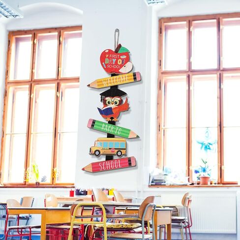 23'' Welcome Back to School Sign for First Day of School Classroom Wall Wooden Door Hanging Wreath for Yard Outside Apple School Bus Owl Pencil Ornament in Saudi Arabia