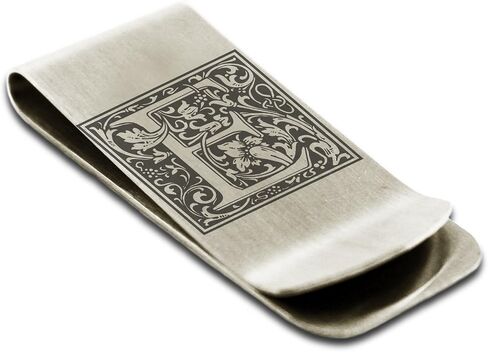 Stainless Steel Letter E Initial Floral Box Monogram Engraved Money Clip Credit Card Holder in Saudi Arabia