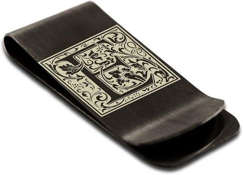 Stainless Steel Letter E Initial Floral Box Monogram Engraved Money Clip Credit Card Holder in Saudi Arabia