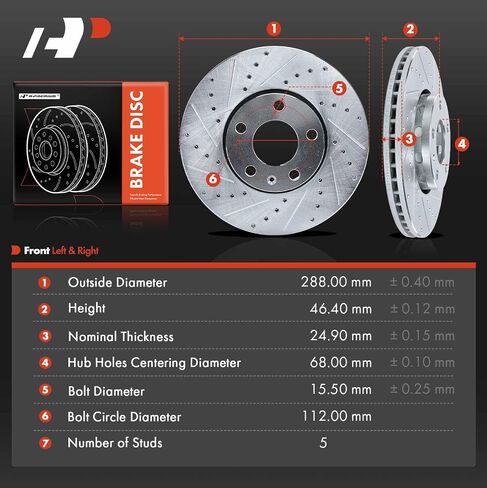 A-Premium 11.34 inch (288mm) Front Drilled and Slotted Disc Brake Rotors Compatible with Select Volkswagen, Audi Models - Passat, A4, A4 Quattro, A6, A6 Quattro, 100, 100 Quattro in Saudi Arabia