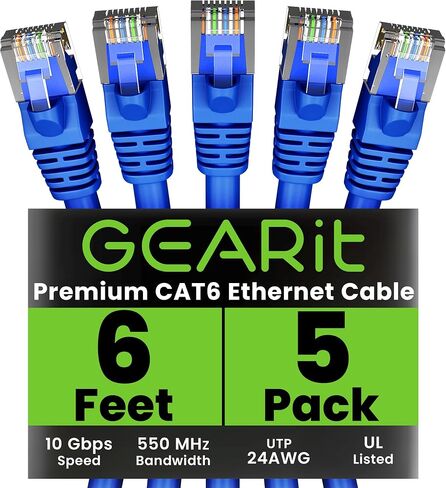 GearIT RJ45 Cat 6 Ethernet Patch Cable (5-Pack) for TV, Modem, PC Gaming, 10Gbps, Gold-Plated Connectors, Snagless, Network Cable, Internet Cable, 14 Feet, Black in Saudi Arabia