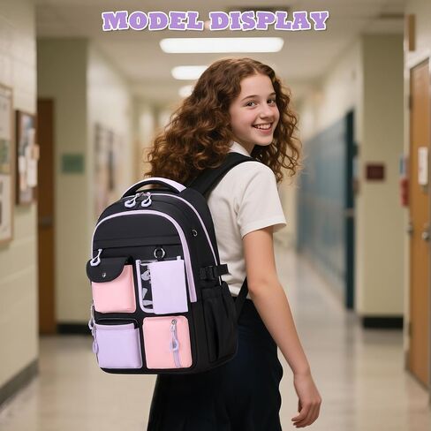 Backpack for Girls, Bookbag for Middle School & Elementary School, Multiple Pockets Cute Girls Backpacks Ages 6-12(Black) in Kuwait