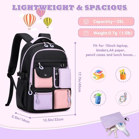 Backpack for Girls, Bookbag for Middle School & Elementary School, Multiple Pockets Cute Girls Backpacks Ages 6-12(Black) in Kuwait