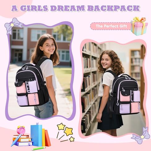 Backpack for Girls, Bookbag for Middle School & Elementary School, Multiple Pockets Cute Girls Backpacks Ages 6-12(Black) in Kuwait
