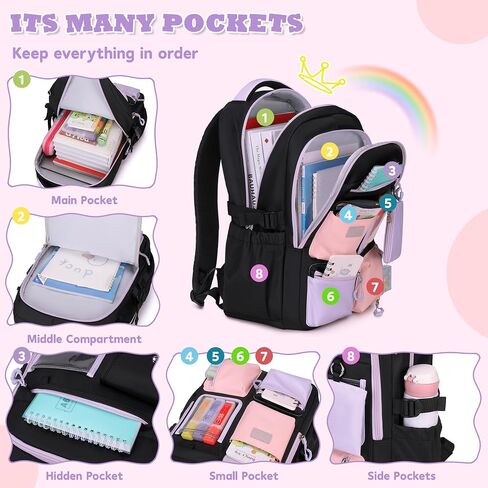 Backpack for Girls, Bookbag for Middle School & Elementary School, Multiple Pockets Cute Girls Backpacks Ages 6-12(Black) in Kuwait