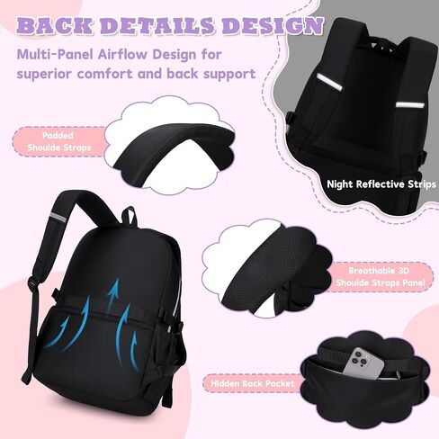 Backpack for Girls, Bookbag for Middle School & Elementary School, Multiple Pockets Cute Girls Backpacks Ages 6-12(Black) in Kuwait