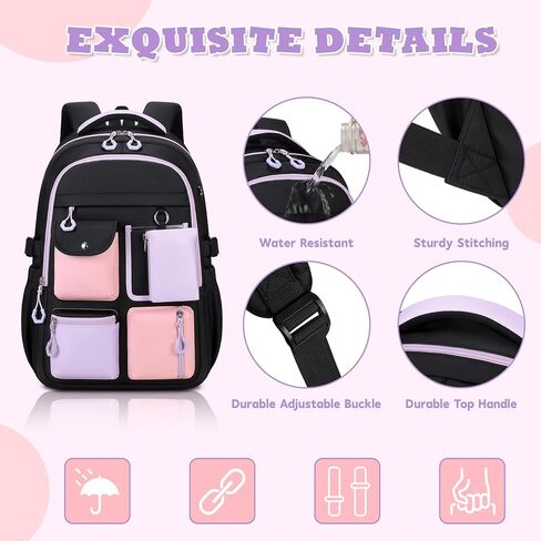 Backpack for Girls, Bookbag for Middle School & Elementary School, Multiple Pockets Cute Girls Backpacks Ages 6-12(Black) in Kuwait