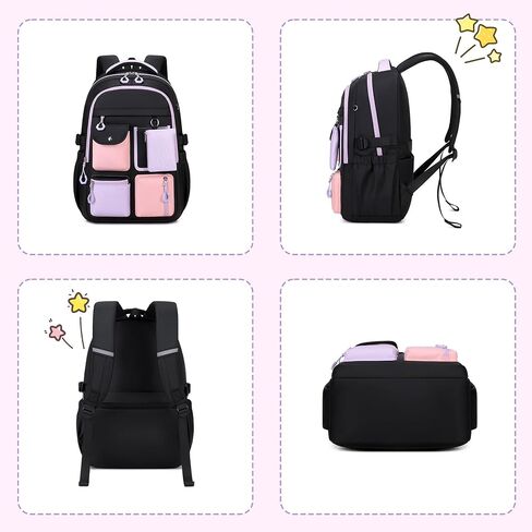 Backpack for Girls, Bookbag for Middle School & Elementary School, Multiple Pockets Cute Girls Backpacks Ages 6-12(Black) in Kuwait