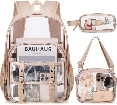 3PCS Clear Backpack for Women Girls, Heavy Duty Transparent Bookbag for School, Fabric & PVC Transparent Backpack with Reinforced Strap, Capacity Leather Clear Bag for College, Travel in Kuwait