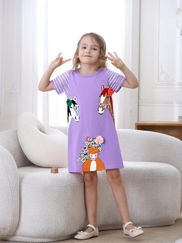 Hongshilian Toddler Girls' Cotton Casual Dress Cartoon Embroidery Applique Basic Short Sleeve Tunic Shirt Dresses in Kuwait