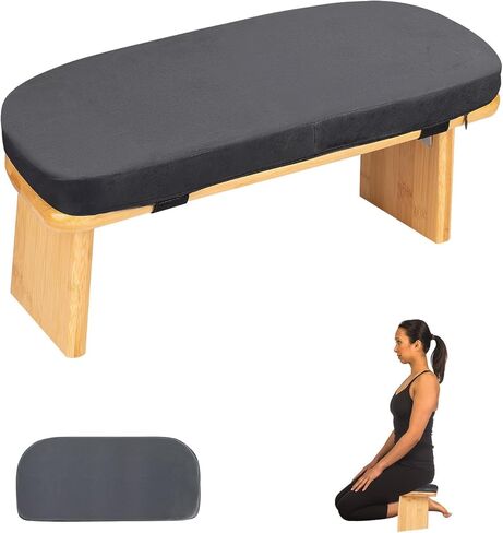 Meditation Bench with Cushion Foldable Ergonomic Bamboo Kneeling Stool Seiza Bench Wooden Meditation Stool Chair Zen Lotus Yoga Stool Floor Sitting Prayer Bench Removable Pillow-Coral Blue in Kuwait