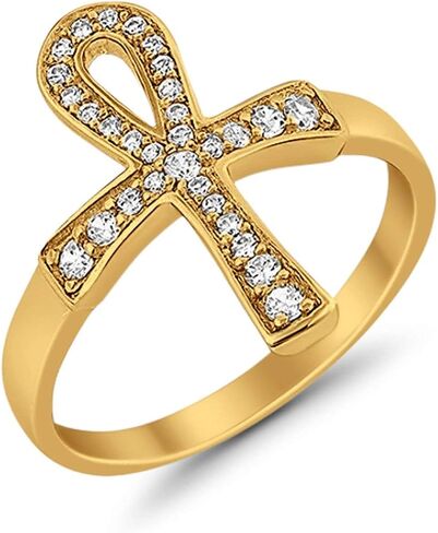 Blue Apple Co. Cross Ankh Ring Round Cubic Zirconia 925 Sterling Silver Choose Color in Saudi Arabia