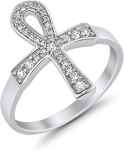 Blue Apple Co. Cross Ankh Ring Round Cubic Zirconia 925 Sterling Silver Choose Color in Saudi Arabia