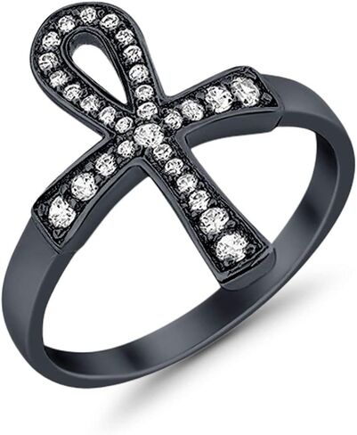 Blue Apple Co. Cross Ankh Ring Round Cubic Zirconia 925 Sterling Silver Choose Color in Saudi Arabia