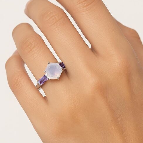 خواتم الجمشت للنساء 925 Sterling Silver Hexagon على شكل حجر القمر مصمم خواتم الخطبة Solitaire Ring Jewelry Birthstone ، حلقة وعد الذكرى السنوية لها in Saudi Arabia