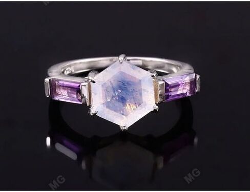 خواتم الجمشت للنساء 925 Sterling Silver Hexagon على شكل حجر القمر مصمم خواتم الخطبة Solitaire Ring Jewelry Birthstone ، حلقة وعد الذكرى السنوية لها in Saudi Arabia
