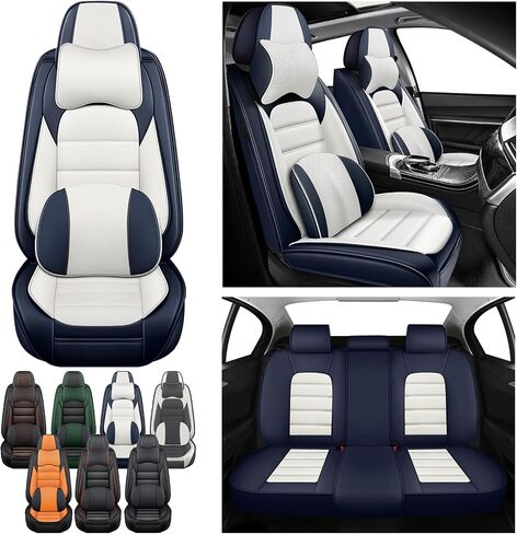 Full Set for Kia Telluride Seat Covers 2020-2025, Waterproof Nappa Leather Car Seat Protector with Pillow, Anti-Slip & Comfortable Car seat Cover (Blue & White) in Saudi Arabia