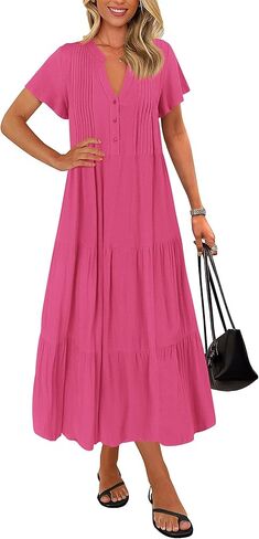 KIRUNDO Summer Maxi Dresses for Women 2025 Spring Fashion Short Sleeve Button V Neck Pleated Loose Tiered Swing Flowy Dress in Kuwait