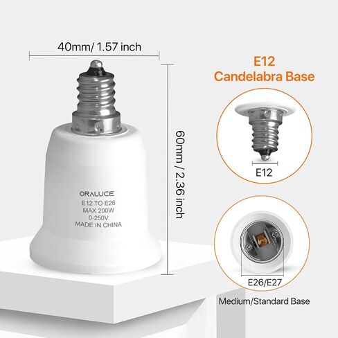 oraluce e12 إلى e26 محول، الشمعدانات إلى قاعدة متوسطة / قياسية، محول مقبس المصباح الكهربائي بحد أقصى 200 واط، 0-250 فولت، محول مقبس محول لمبة لمراوح السقف، الثريا، 2 حزمة in Kuwait