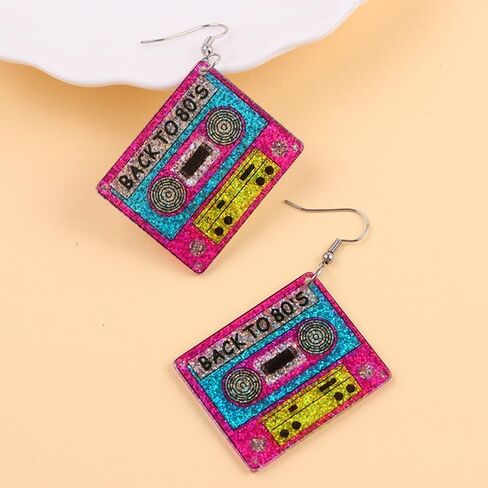 80s Neon Earrings for Women Colorful Cassette Tape Acrylic Drop Earrings Retro Glitter Radio Dangle Earrings for 80's Outfit Party Accessories in Saudi Arabia