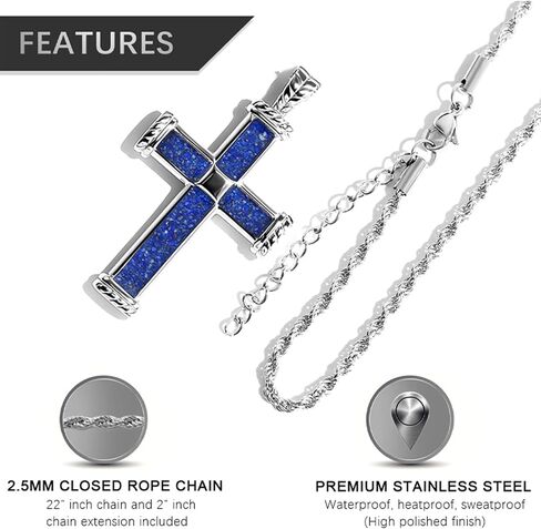 TGNEL Lapis Lazuli Cross Pendant Necklace for Men, Fashion Stainless Steel Mens Cross Necklace 24 Inches in Saudi Arabia