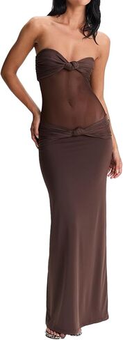 Women Sheer Maxi Dress Detachable Spaghetti Straps Knotted Twist Bodycon Long Dresses Party Cocktail Wear in Kuwait