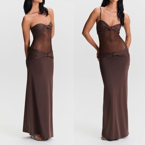 Women Sheer Maxi Dress Detachable Spaghetti Straps Knotted Twist Bodycon Long Dresses Party Cocktail Wear in Kuwait