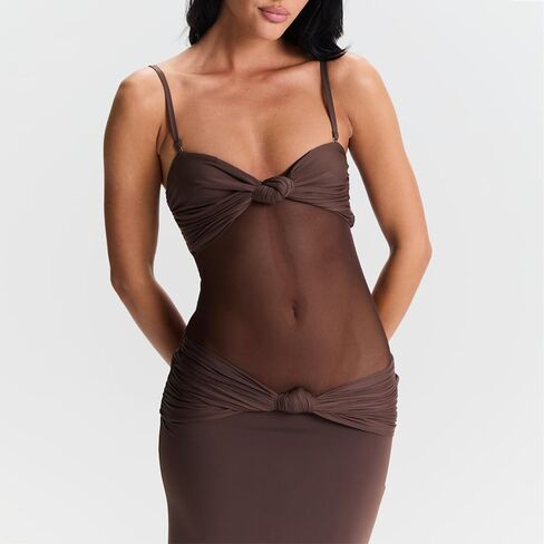 Women Sheer Maxi Dress Detachable Spaghetti Straps Knotted Twist Bodycon Long Dresses Party Cocktail Wear in Kuwait