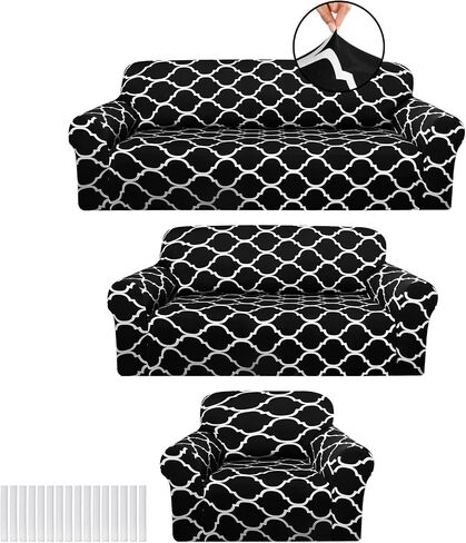 Peryiter 3 PCS Cover الأريكة مجموعة أغطية أثاث غرفة المعيشة للأريكة والأرائك Loves Arm Chair Slipcover ، واقي الأثاث ، Form Fit Endress ، Wrinkle Free (Black) in Kuwait