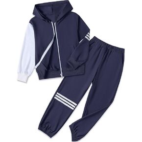 Boy's Pants Set - 2 Piece Fall Outfits ColorBlock Long Sleeve Zipper Hooded and Pants Casual Clothes 6-16 Years in Kuwait