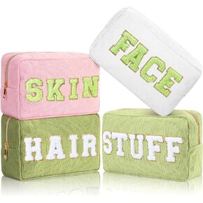 Pinkunn 4 PCS Preppy Makeup Facs Chenille Letter Organizer Freshing Haugh Hair Stuff Corduroy Cosmetic Hygiene Beaciene Pouch مع هدايا عيد ميلاد الزفاف السوستة للنساء (ألوان السلسلة الزرقاء) in Saudi Arabia
