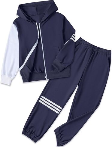 مجموعة سروال الصبي - 2 قطعة تسقط ملون حاجز طويل الأكمام سستة مقنعين وملابس السراويل النشطة in Kuwait