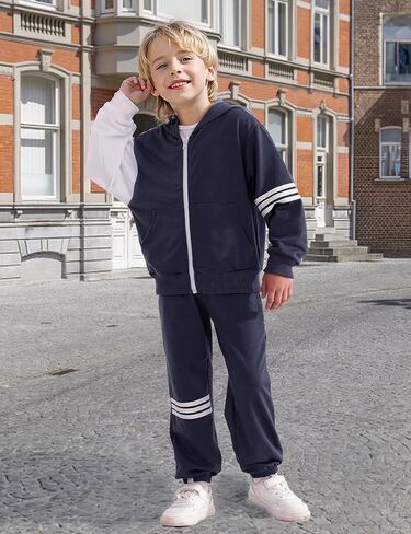 مجموعة سروال الصبي - 2 قطعة تسقط ملون حاجز طويل الأكمام سستة مقنعين وملابس السراويل النشطة in Kuwait