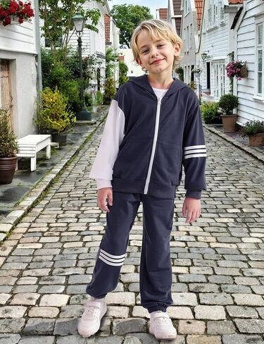 مجموعة سروال الصبي - 2 قطعة تسقط ملون حاجز طويل الأكمام سستة مقنعين وملابس السراويل النشطة in Kuwait