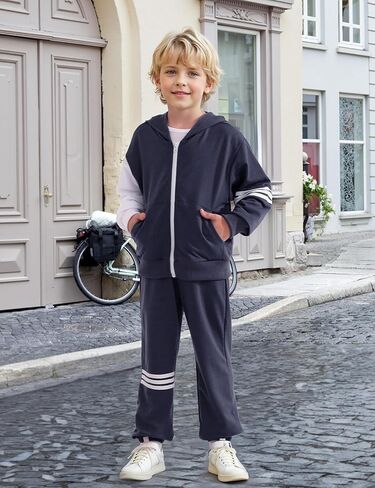 مجموعة سروال الصبي - 2 قطعة تسقط ملون حاجز طويل الأكمام سستة مقنعين وملابس السراويل النشطة in Kuwait