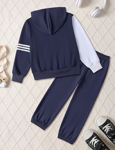 مجموعة سروال الصبي - 2 قطعة تسقط ملون حاجز طويل الأكمام سستة مقنعين وملابس السراويل النشطة in Kuwait