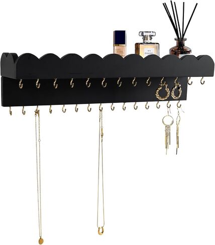 Wall Mount Jewelry Organizer with 28 Hooks and Cosmetics Shelf, Modern Wood Hanging Jewelry Holder for Necklaces, Bracelets, Earrings and Rings, White in Saudi Arabia