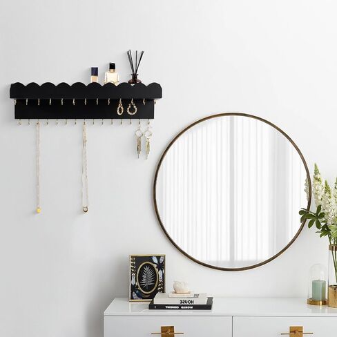 Wall Mount Jewelry Organizer with 28 Hooks and Cosmetics Shelf, Modern Wood Hanging Jewelry Holder for Necklaces, Bracelets, Earrings and Rings, White in Saudi Arabia