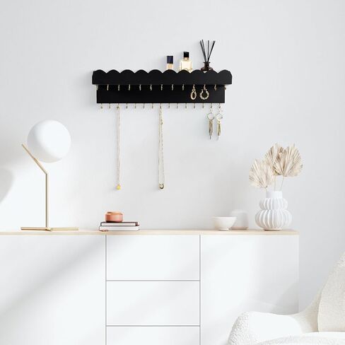 Wall Mount Jewelry Organizer with 28 Hooks and Cosmetics Shelf, Modern Wood Hanging Jewelry Holder for Necklaces, Bracelets, Earrings and Rings, White in Saudi Arabia