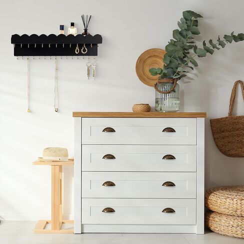Wall Mount Jewelry Organizer with 28 Hooks and Cosmetics Shelf, Modern Wood Hanging Jewelry Holder for Necklaces, Bracelets, Earrings and Rings, White in Saudi Arabia
