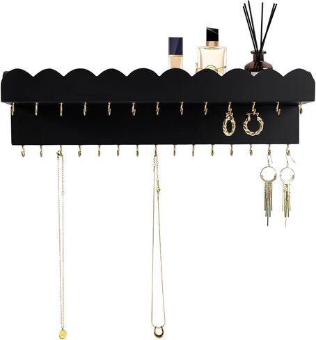 Wall Mount Jewelry Organizer with 28 Hooks and Cosmetics Shelf, Modern Wood Hanging Jewelry Holder for Necklaces, Bracelets, Earrings and Rings, White in Saudi Arabia