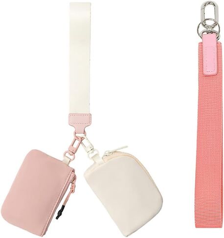 Mini Zip Around Dual Pouch Wristlet Portable Wristlet Wallet Detachable Coin Purse Pouch for Women - 2 detachable Keychain (Rose Red+Coral Powder) in Saudi Arabia